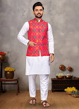 Graceful White Cotton Jacquard Bandi Set