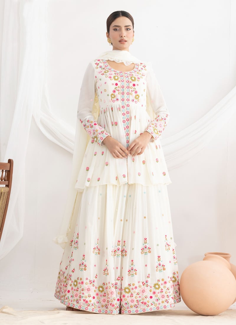 Graceful White Georgette Embroidered Beads Resham Sequins Umbrella Lehenga Wedding Wear