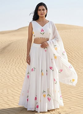 Graceful White Georgette Hand Painted Floral Print Umbrella Lehenga
