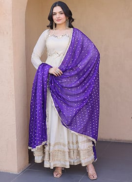 Graceful White Georgette Mirror Zari Embroidered Lace Work Anarkali Suit