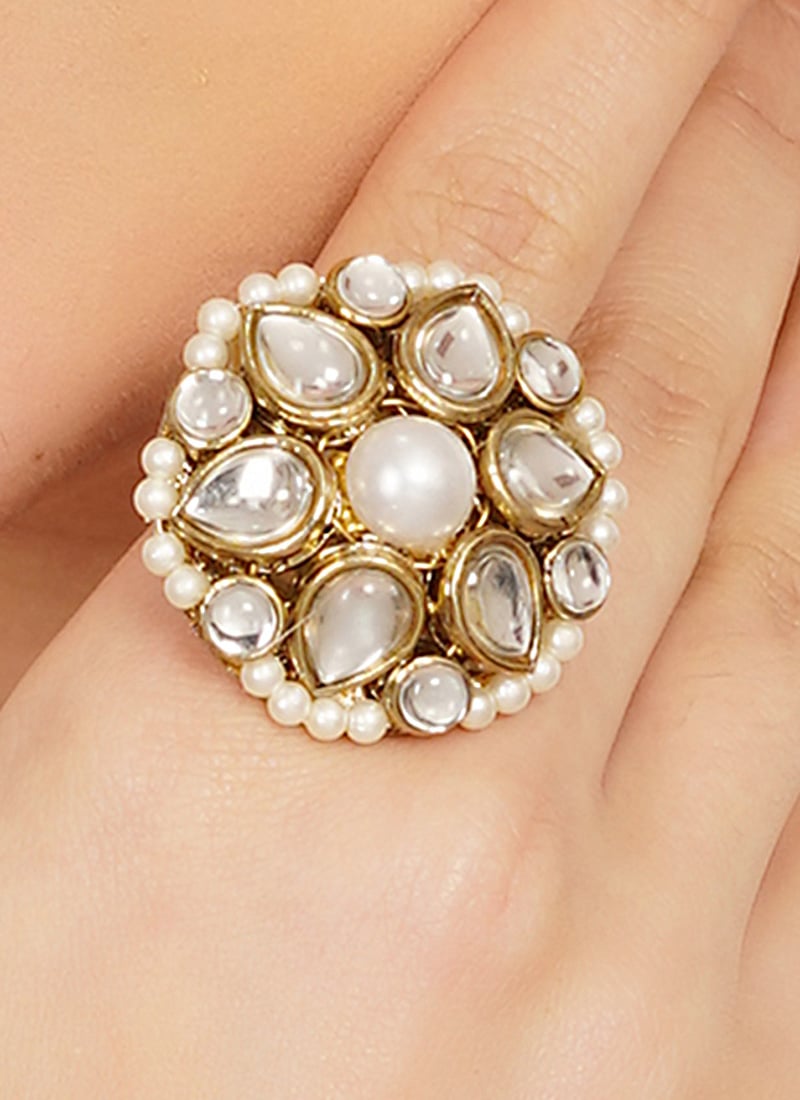 Graceful White Kundan Beads Ring Festive Wear