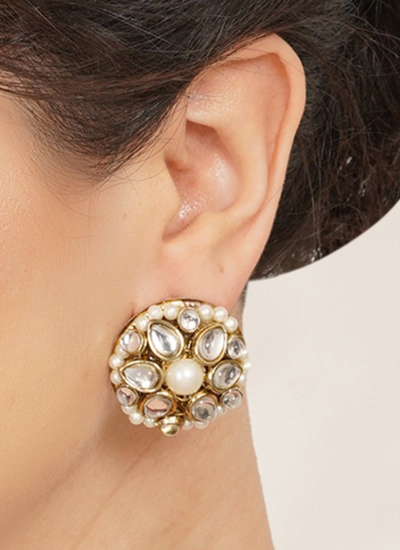 Graceful White Kundan Beads Studs Festive Wear