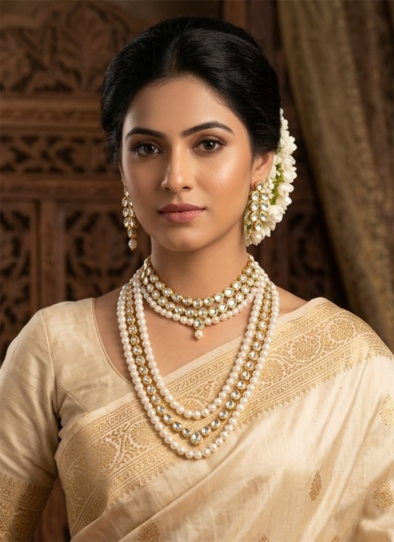 Graceful White Kundan Pearl Necklace Wedding Wear