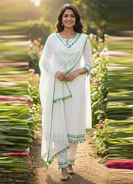 Graceful White Rayon Cotton Embroidered Mirror Work Straight Pant Suit