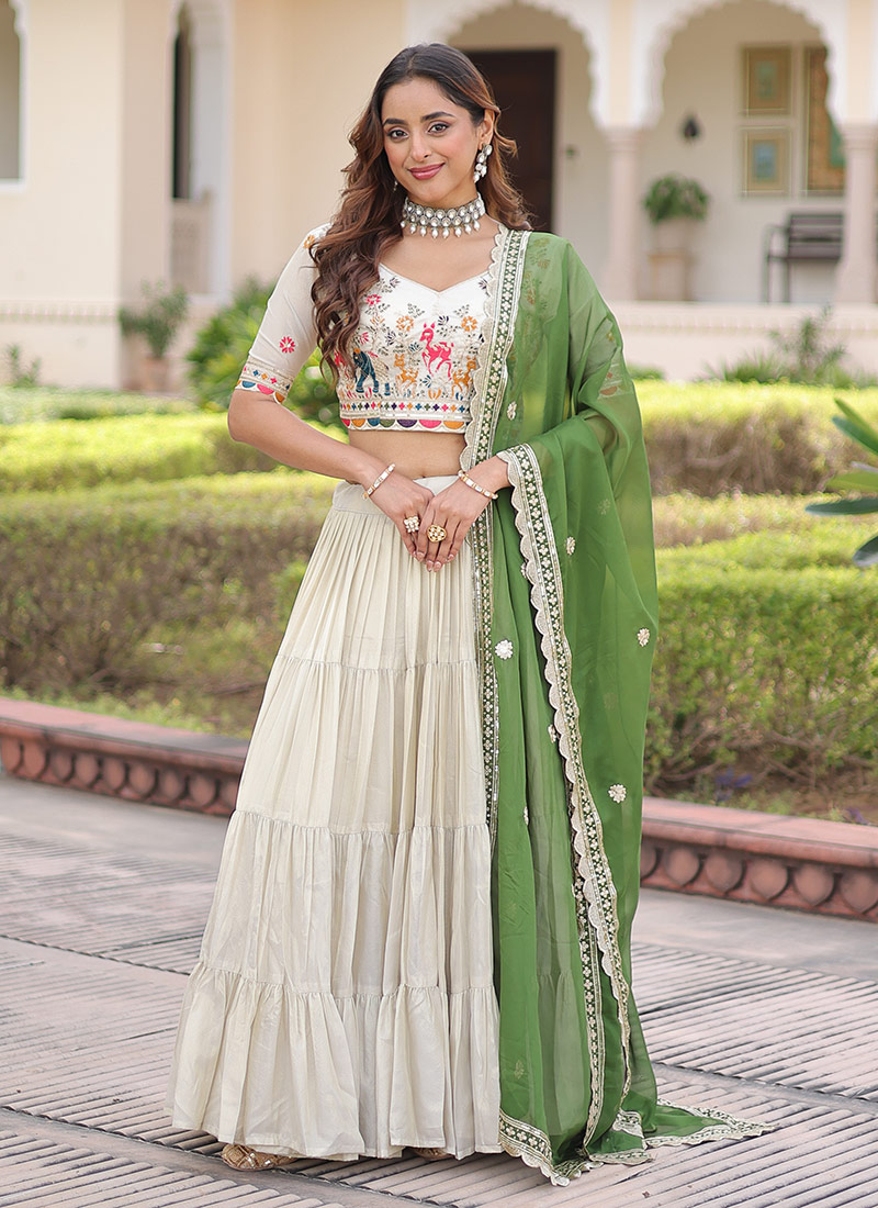 Graceful White Silk Embroidered Umbrella Lehenga Festive Wear