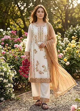 Graceful White Silk Sequins Embroidered Moti Straight Pant Suit