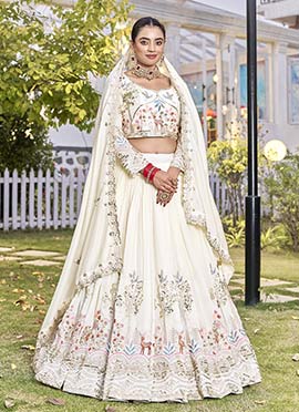 Graceful White Vichitra Silk Embroidered Sequins Thread A Line Lehenga