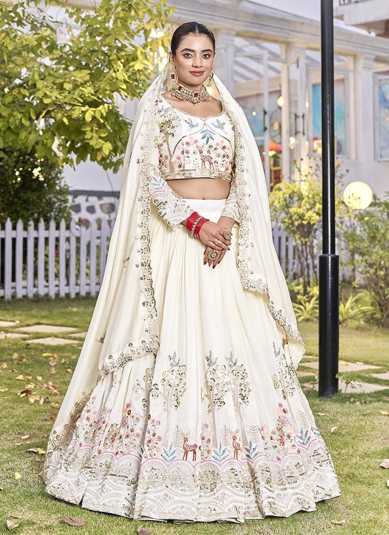 Graceful White Vichitra Silk Embroidered Sequins Thread A Line Lehenga Wedding Wear