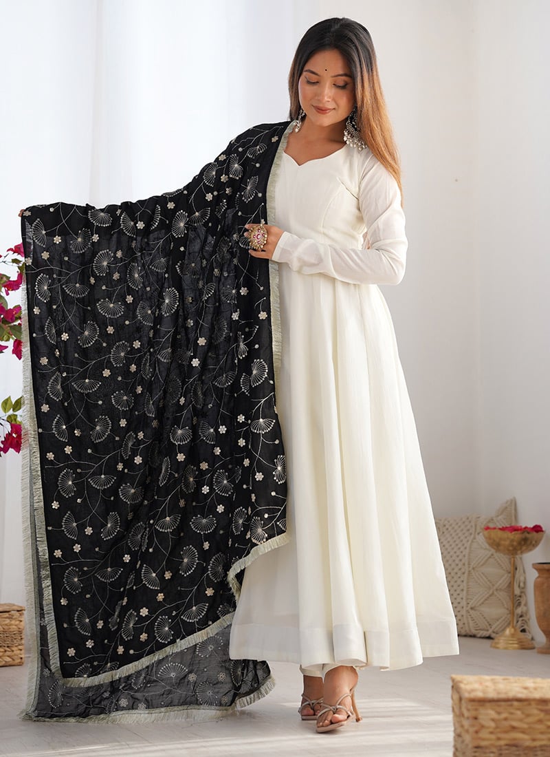 Graceful White Vichitra Silk Sequins Anarkali Suit Festive Wear