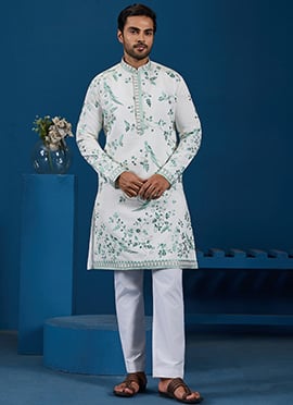 Graceful White Viscose Silk Embroidered Sequins Thread Kurta