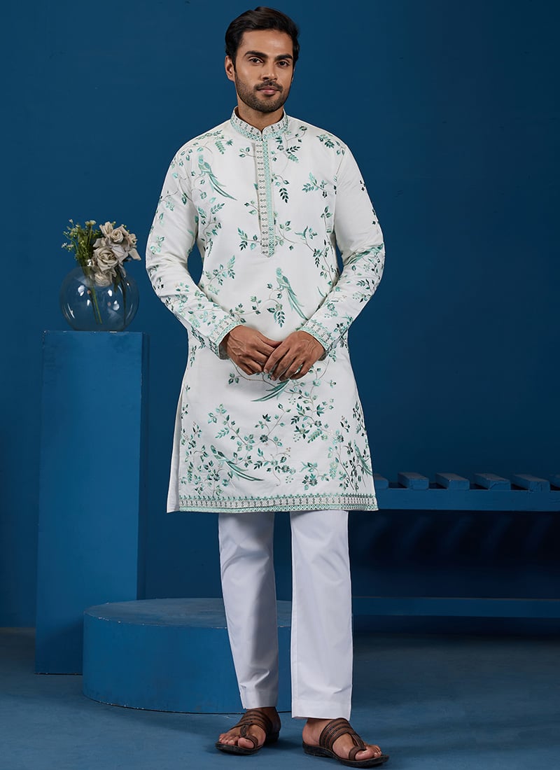 Graceful White Viscose Silk Embroidered Sequins Thread Kurta