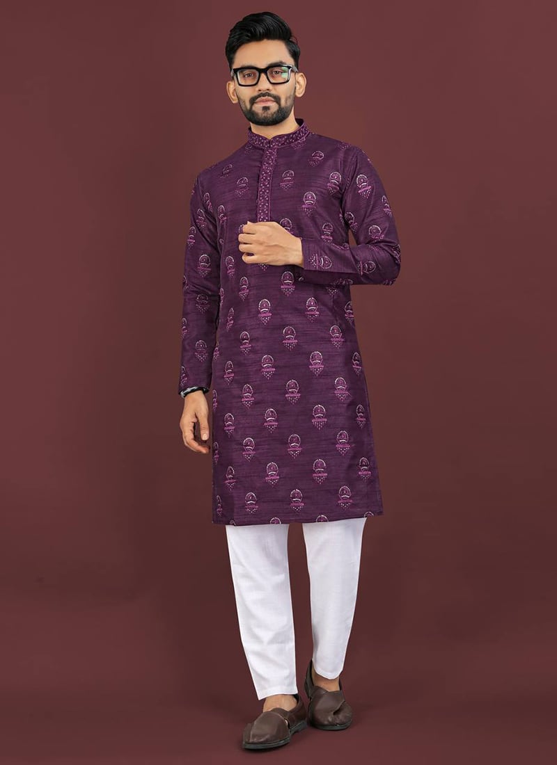 Graceful Wine Banglori Silk Embroidered Sequins Kurta Pyjama Festive Wear