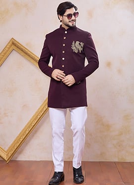 Graceful Wine Beads Stone Zardosi Hand Work Indowestern Sherwani