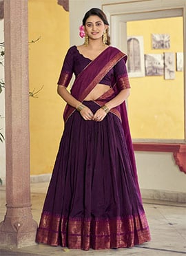 Graceful Wine Blended Cotton Zari Umbrella Lehenga