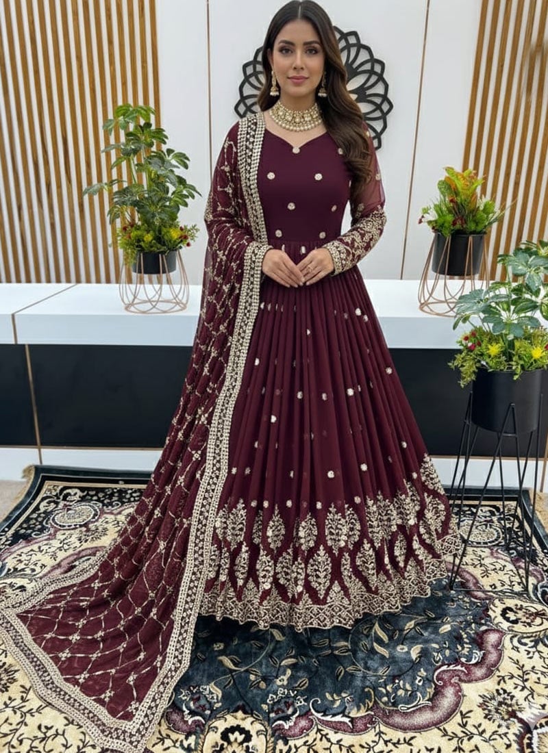 Graceful Wine Georgette Embroidered Sequins Anarkali Suit Festive Wear