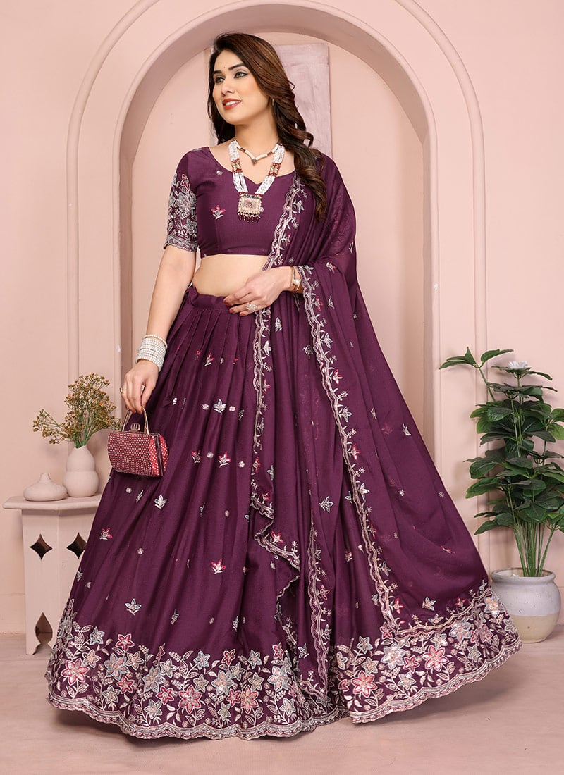 Graceful Wine Georgette Embroidery Umbrella Lehenga Festive Wear
