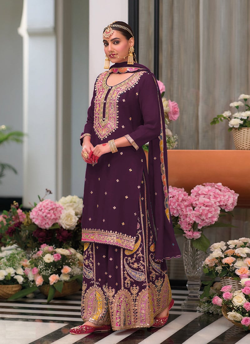 Graceful Wine Palazzo Suit With Chinon And Zari Embroidered Sequin Detailing Festive Wear