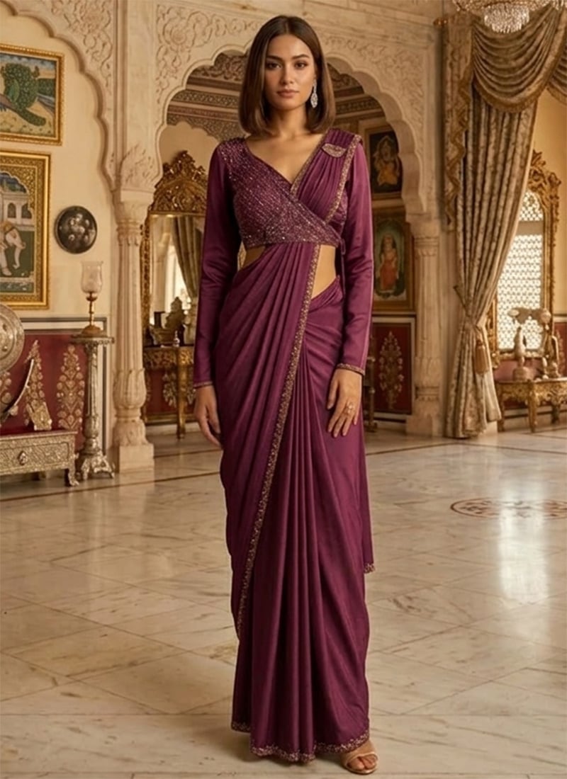 Graceful Wine Silk Beads Sequins Hand Embroidered Saree Wedding Wear