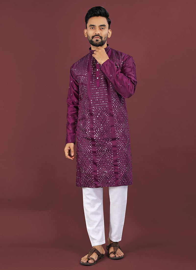 Graceful Wine Viscose Silk Sequins Embroidered Kurta Pyjama Festive Wear