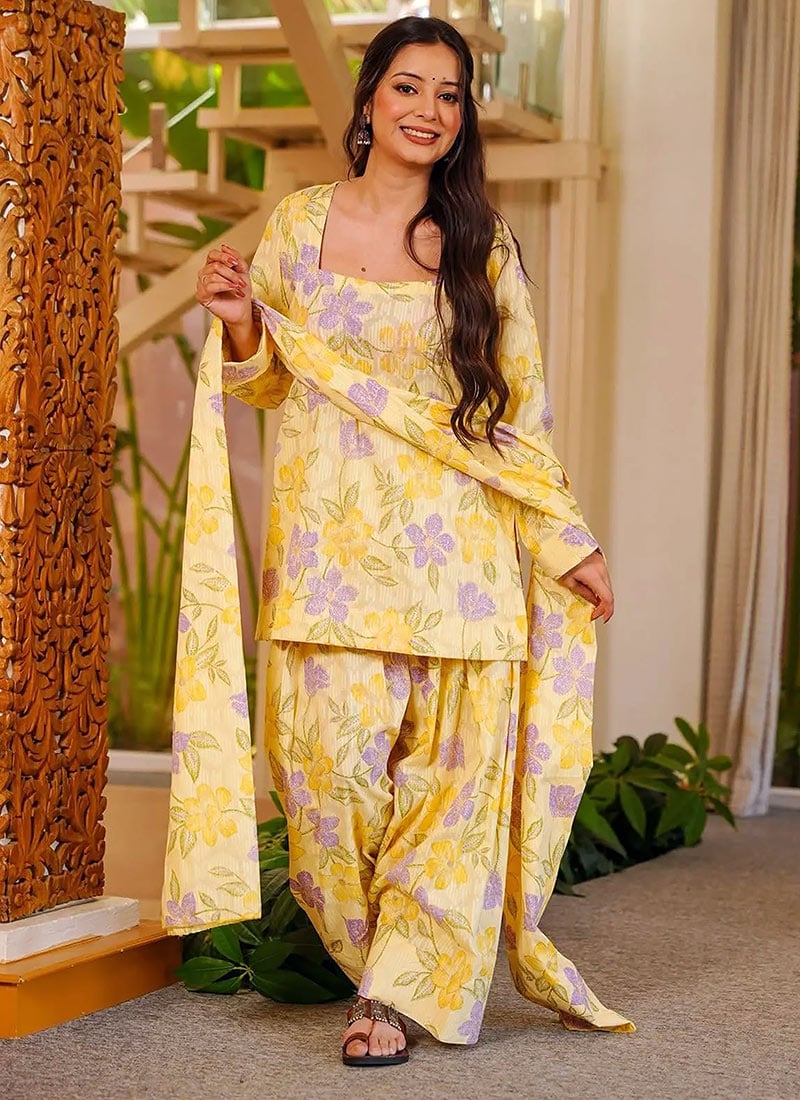 Graceful Yellow Cambric Cotton Digital Print Farshi Salwar Suit After Six Wear