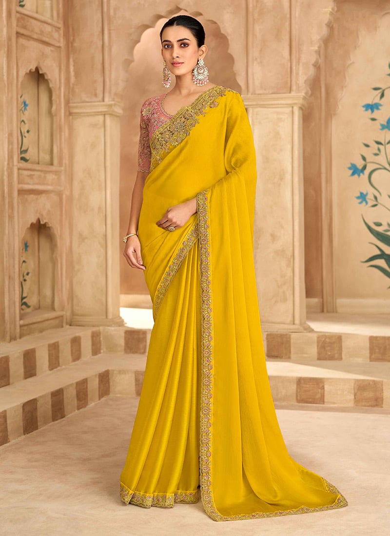 Graceful Yellow Chiffon Embroidered Sequins Zari Saree Wedding Wear