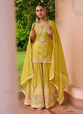 Graceful Yellow Chinon Embroidered Sequins Palazzo Suit