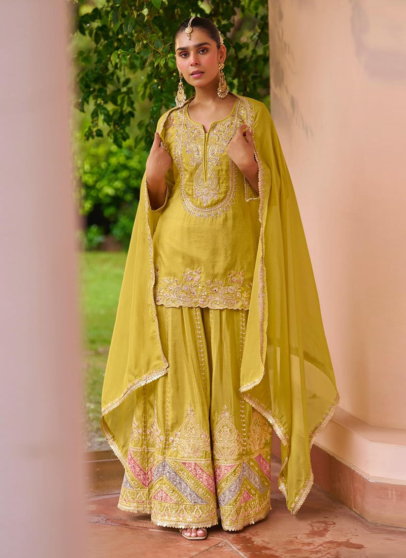 Graceful Yellow Chinon Embroidered Sequins Palazzo Suit Festive Wear