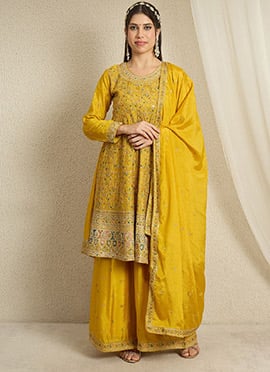 Graceful Yellow Chinon Embroidered Sequins Palazzo Suit