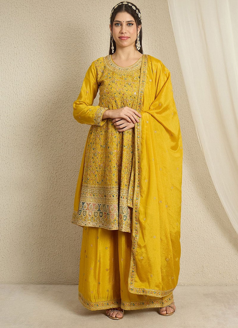 Graceful Yellow Chinon Embroidered Sequins Palazzo Suit Festive Wear