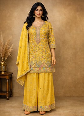 Graceful Yellow Chinon Embroidered Sequins Palazzo Suit
