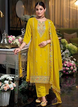 Graceful Yellow Chinon Silk Zari Embroidered Sequins Straight Pant Suit