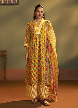 Graceful Yellow Cotton Blend Printed Straight Pant Suit