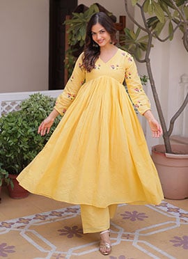 Graceful Yellow Cotton Embroidered Thread Kurta Straight Pant Set