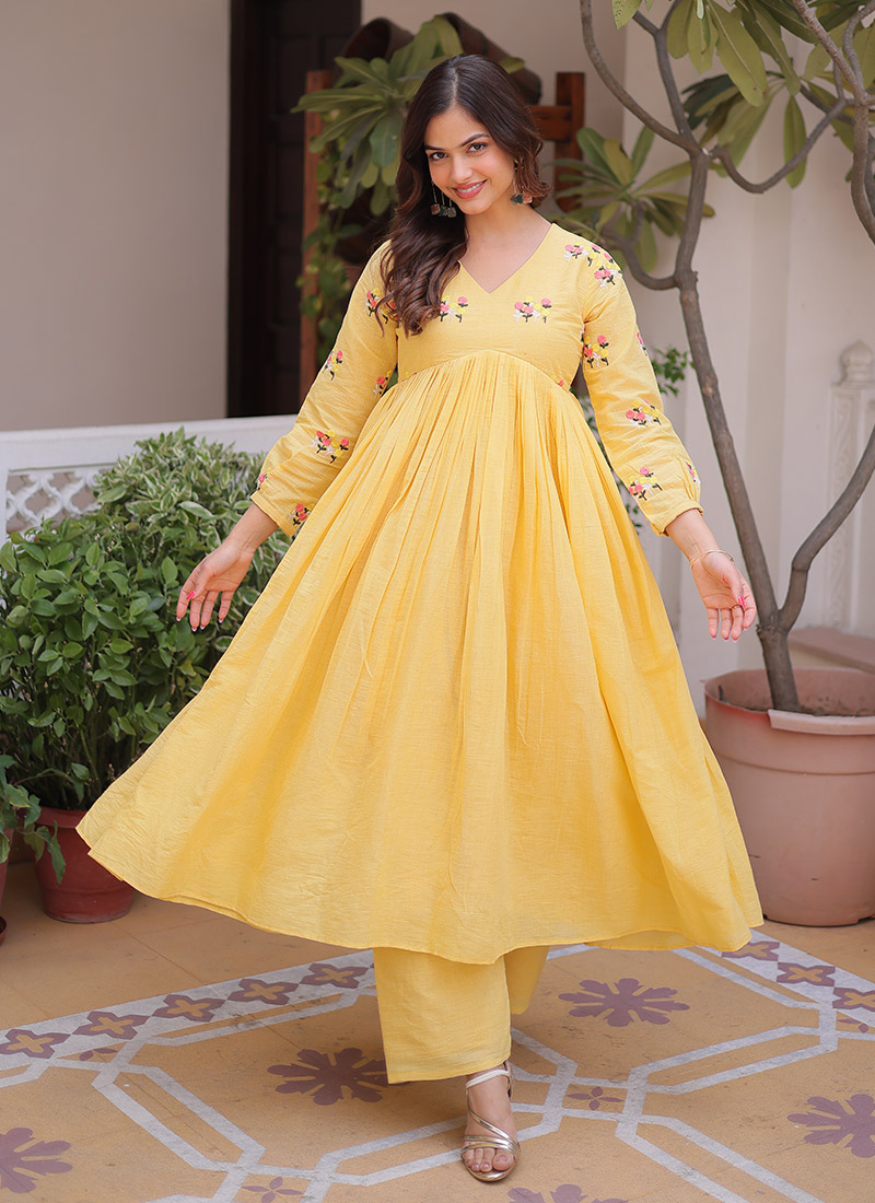 Graceful Yellow Cotton Embroidered Thread Kurta Straight Pant Set After Six Wear