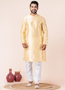 Graceful Yellow Dupion Silk Plain Kurta Pyjama