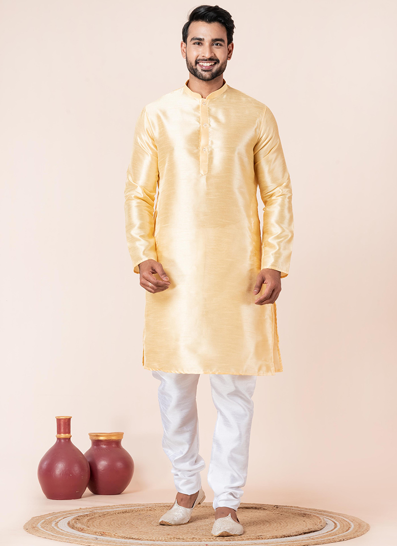 Graceful Yellow Dupion Silk Plain Kurta Pyjama Festive Wear