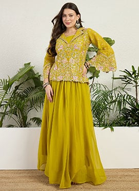 Graceful Yellow Faux Georgette Embroidered Indowestern Set and Suit