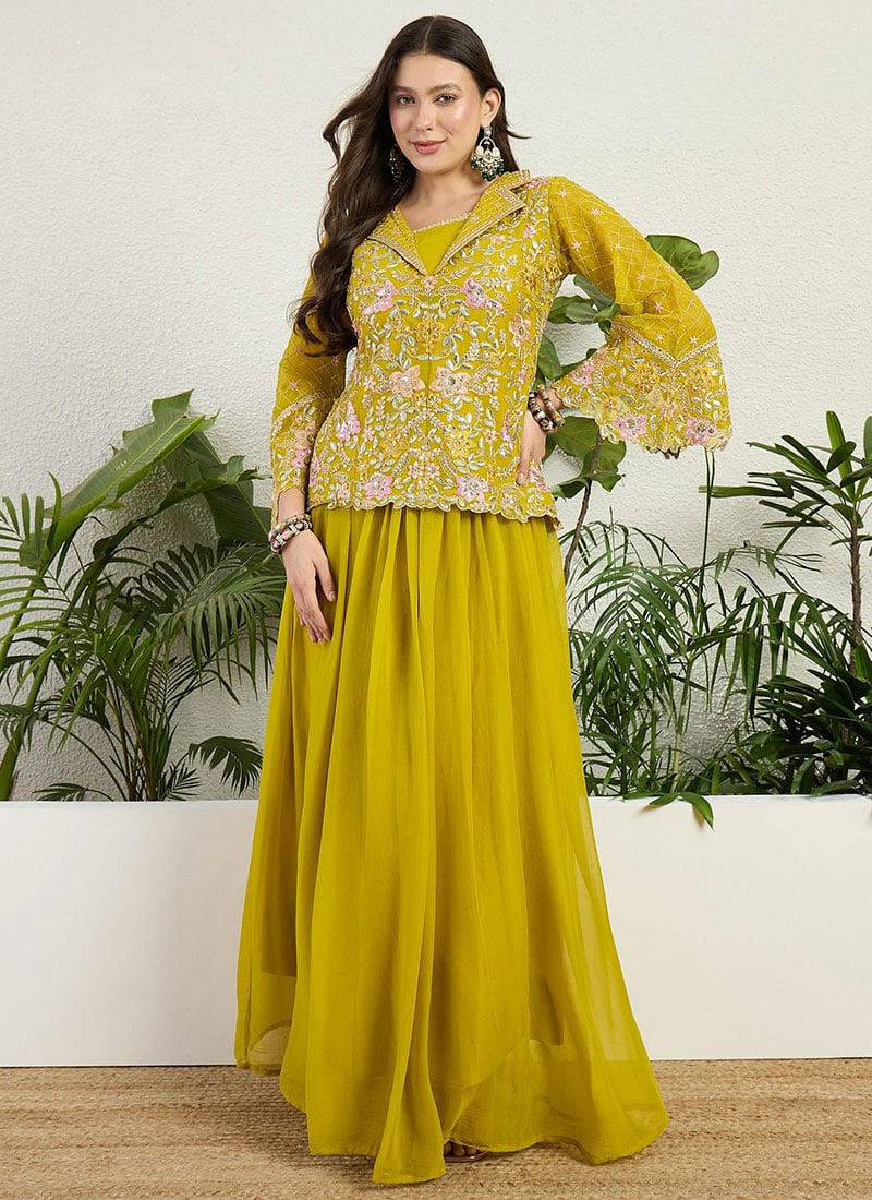Graceful Yellow Faux Georgette Embroidered Indowestern Set and Suit Wedding Wear