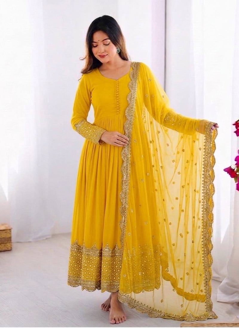 Graceful Yellow Faux Georgette Embroidered Sequins Anarkali Suit After Six Wear