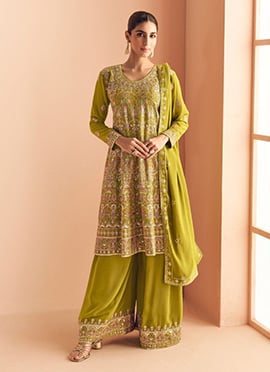 Graceful Yellow Georgette Embroidered Sequins Thread Palazzo Suit