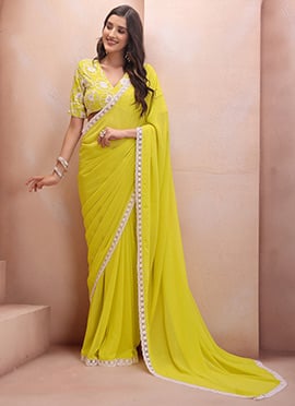 Graceful Yellow Georgette Embroidery Cut Work Lace Saree