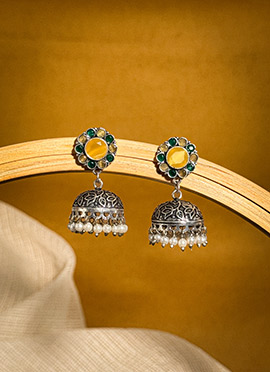 Graceful Yellow Kundan Beads Oxidised Jhumka
