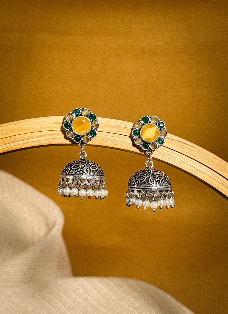 Graceful Yellow Kundan Beads Oxidised Jhumka Festive Wear