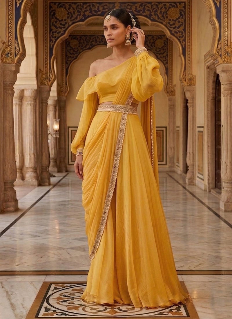 Graceful Yellow Organza Ready Lace Palazzo Style Saree Festive Wear
