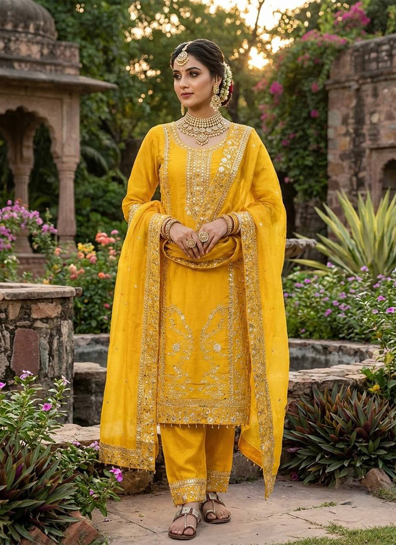 Graceful Yellow Silk Embroidered Sequins Palazzo Suit Festive Wear