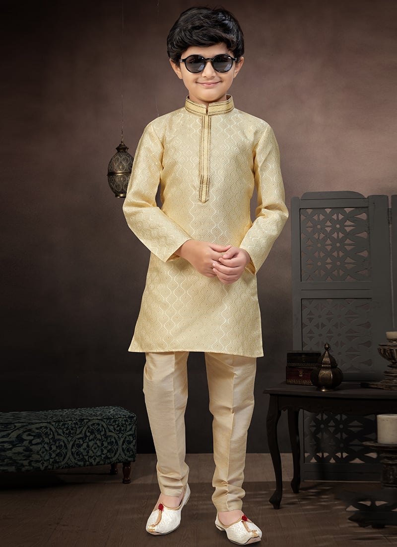 Grand Gold Banarasi Silk Jacquard Thread Lace Work Kids Boys Kurta Pyjama Festive Wear