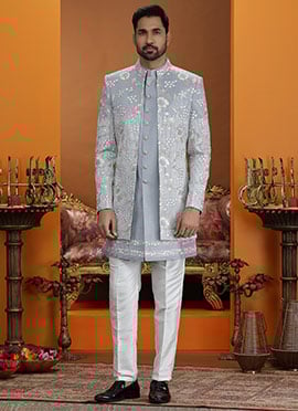 Grand Grey Silk Sequins Embroidered Thread Indowestern Sherwani