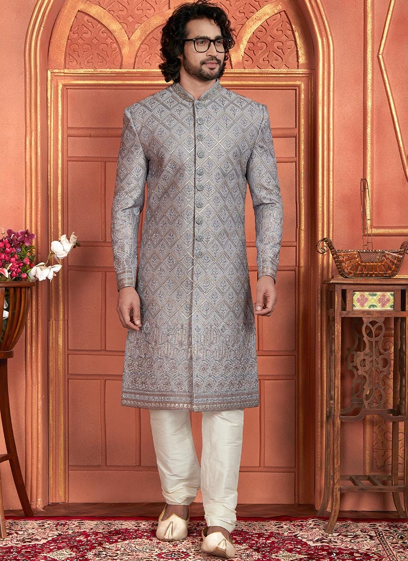 Grand Heritage Grey Silk Classic Sherwani Adorned With Embroidered Sequins Wedding Wear
