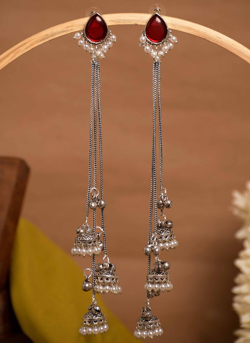 Grand Maroon Kundan Beads Oxidised Jhumka Festive Wear