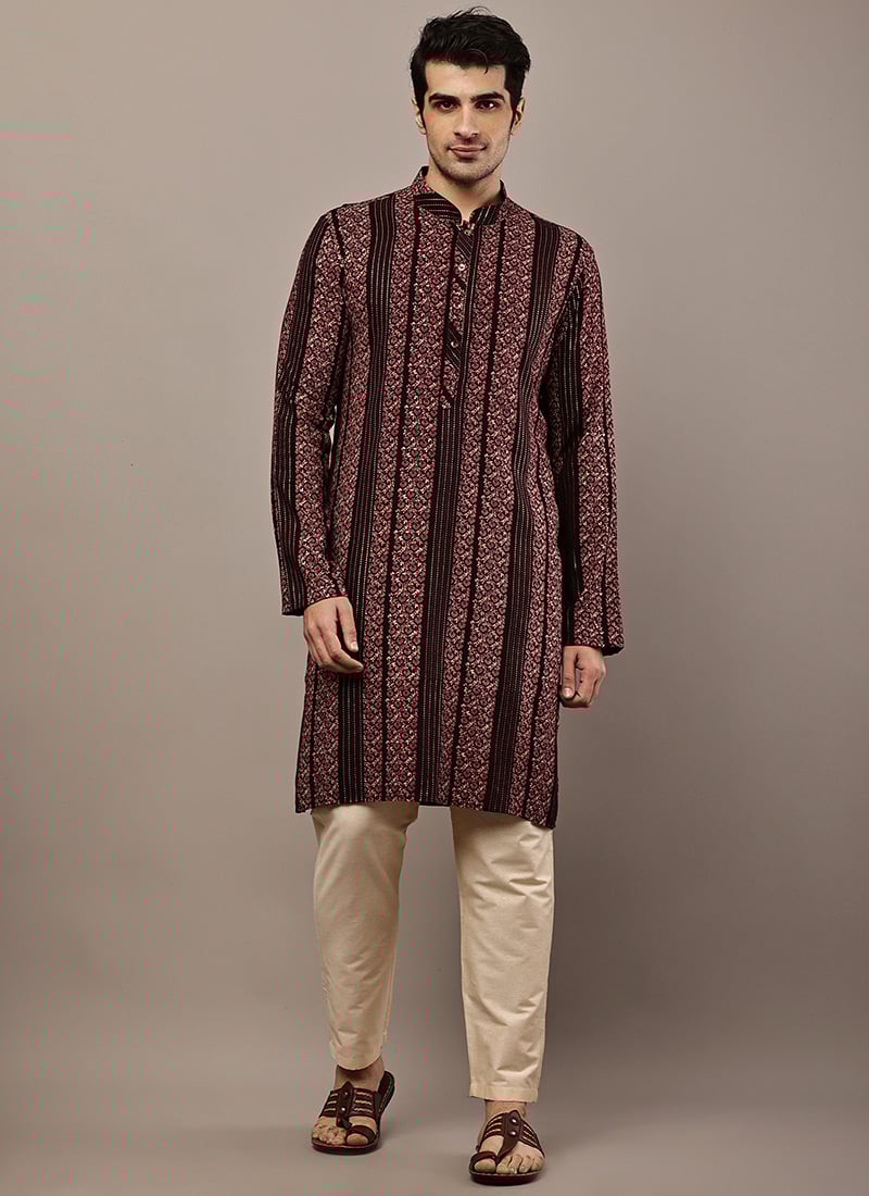 Grand Maroon Viscose Silk Ethnic Print Zari Thread Kurta Pyjama Festive Wear